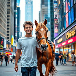 A young man walking in the middle of a bustling city, guiding a horse