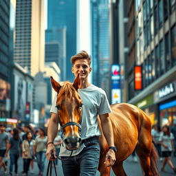 A young man walking in the middle of a bustling city, guiding a horse