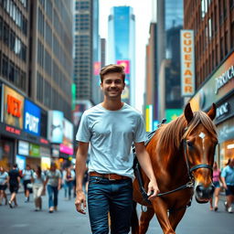 A young man walking in the middle of a bustling city, guiding a horse