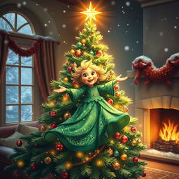 A joyous depiction of the Spirit of the New Year Tree, showcasing a beautifully adorned Christmas tree with a glowing golden star at its pinnacle