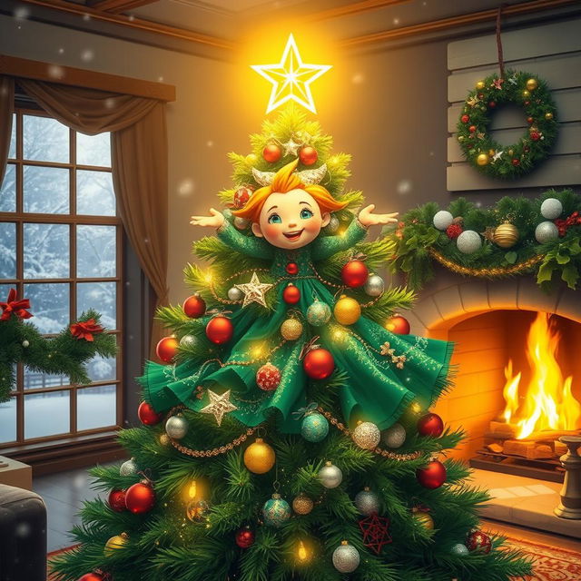 A joyous depiction of the Spirit of the New Year Tree, showcasing a beautifully adorned Christmas tree with a glowing golden star at its pinnacle