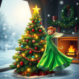 A joyous depiction of the Spirit of the New Year Tree, showcasing a beautifully adorned Christmas tree with a glowing golden star at its pinnacle