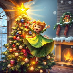 A joyous depiction of the Spirit of the New Year Tree, showcasing a beautifully adorned Christmas tree with a glowing golden star at its pinnacle