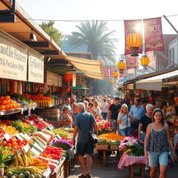 A bustling market scene filled with colorful stalls showcasing a variety of fruits, vegetables, and artisan goods, with vibrant signage and cheerful shoppers exploring