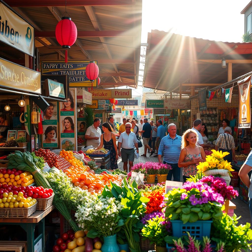 A bustling market scene filled with colorful stalls showcasing a variety of fruits, vegetables, and artisan goods, with vibrant signage and cheerful shoppers exploring