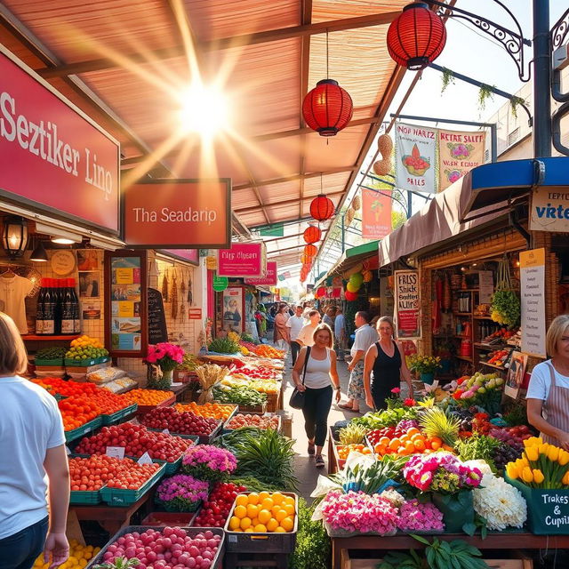 A bustling market scene filled with colorful stalls showcasing a variety of fruits, vegetables, and artisan goods, with vibrant signage and cheerful shoppers exploring