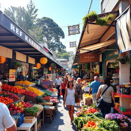 A bustling market scene filled with colorful stalls showcasing a variety of fruits, vegetables, and artisan goods, with vibrant signage and cheerful shoppers exploring