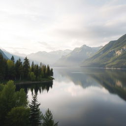 A serene landscape featuring a tranquil lake surrounded by majestic mountains reflecting on the water's surface, with lush green trees lining the shore