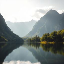 A serene landscape featuring a tranquil lake surrounded by majestic mountains reflecting on the water's surface, with lush green trees lining the shore