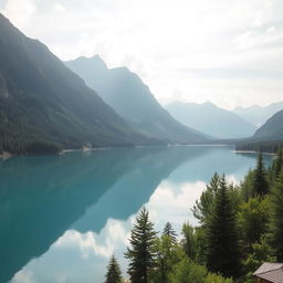 A serene landscape featuring a tranquil lake surrounded by majestic mountains reflecting on the water's surface, with lush green trees lining the shore