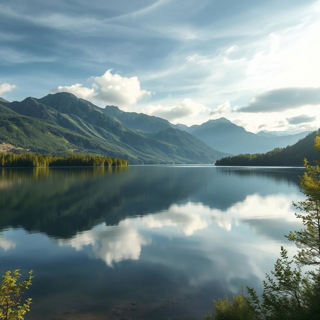 A serene landscape featuring a tranquil lake surrounded by majestic mountains reflecting on the water's surface, with lush green trees lining the shore