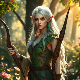 A fantasy scene featuring a beautiful elven warrior woman in a lush enchanted forest