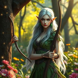 A fantasy scene featuring a beautiful elven warrior woman in a lush enchanted forest