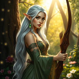 A fantasy scene featuring a beautiful elven warrior woman in a lush enchanted forest
