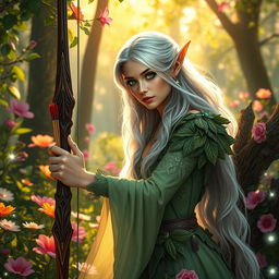 A fantasy scene featuring a beautiful elven warrior woman in a lush enchanted forest