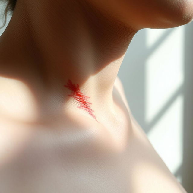 A dramatic, detailed close-up of a scar on a pale skin, showcasing the texture and subtle color variations of the scar tissue