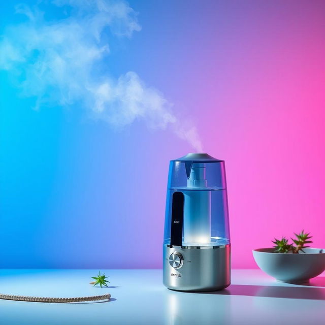 A commercial product photo of an Aroma ultrasonic cold mist maker, featuring the device prominently in the foreground