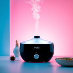 A commercial product photo of an Aroma ultrasonic cold mist maker, featuring the device prominently in the foreground