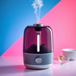 A commercial product photo of an Aroma ultrasonic cold mist maker, featuring the device prominently in the foreground