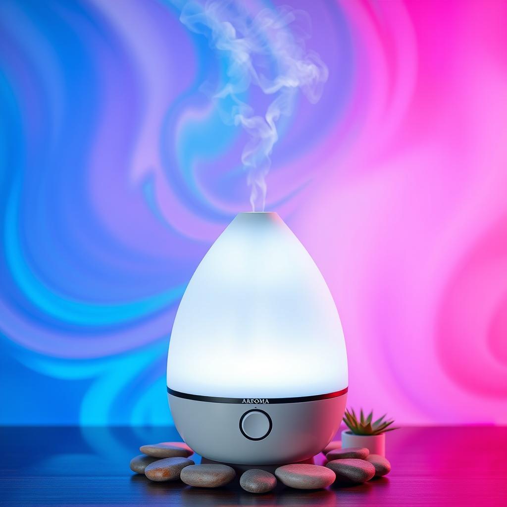 An eye-catching commercial product photo of an Aroma ultrasonic cold mist maker, positioned elegantly in the center of the composition