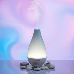An eye-catching commercial product photo of an Aroma ultrasonic cold mist maker, positioned elegantly in the center of the composition