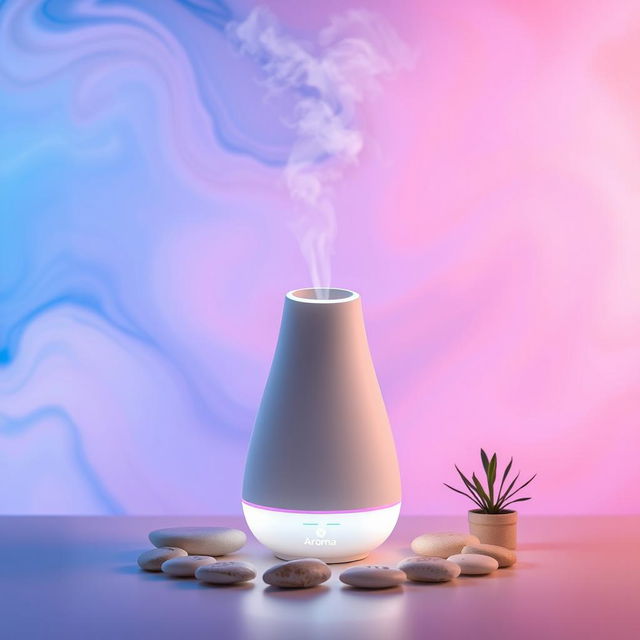 An eye-catching commercial product photo of an Aroma ultrasonic cold mist maker, positioned elegantly in the center of the composition