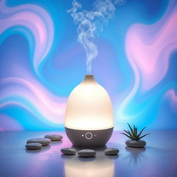An eye-catching commercial product photo of an Aroma ultrasonic cold mist maker, positioned elegantly in the center of the composition