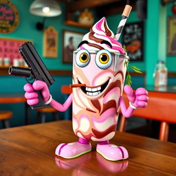 A whimsical character representing a milkshake, featuring a smiley mouth, cartoonish hands and feet, vibrant big eyes, holding a gun in one hand and smoking a marijuana cigarette