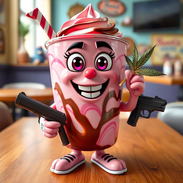 A whimsical character representing a milkshake, featuring a smiley mouth, cartoonish hands and feet, vibrant big eyes, holding a gun in one hand and smoking a marijuana cigarette