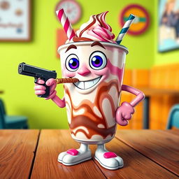 A whimsical character representing a milkshake, featuring a smiley mouth, cartoonish hands and feet, vibrant big eyes, holding a gun in one hand and smoking a marijuana cigarette