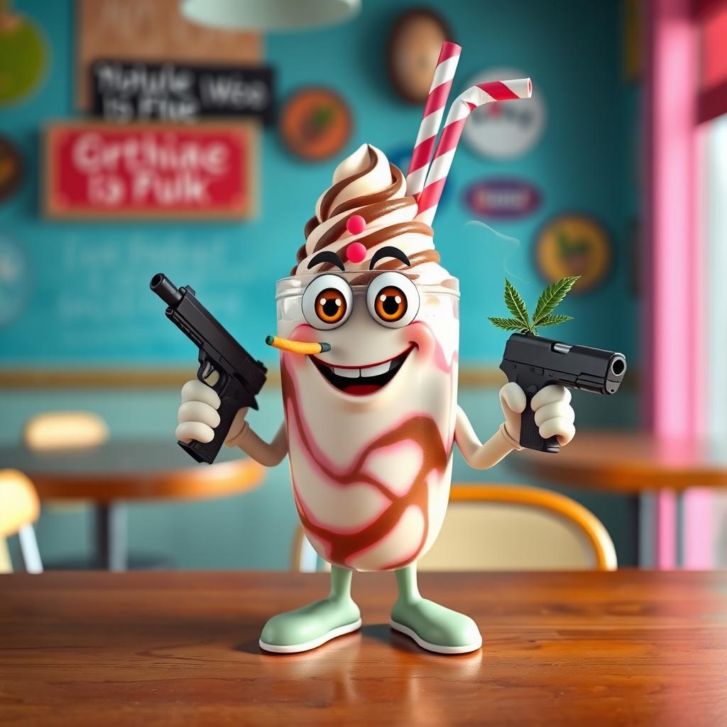 A whimsical character representing a milkshake, featuring a smiley mouth, cartoonish hands and feet, vibrant big eyes, holding a gun in one hand and smoking a marijuana cigarette