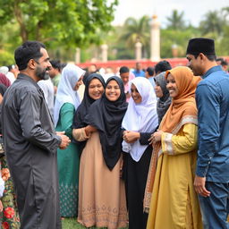 A vibrant outdoor scene in a park or mosque gathering featuring a diverse group of people from various ethnic and cultural backgrounds, smiling and exchanging greetings