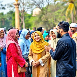 A vibrant outdoor scene in a park or mosque gathering featuring a diverse group of people from various ethnic and cultural backgrounds, smiling and exchanging greetings