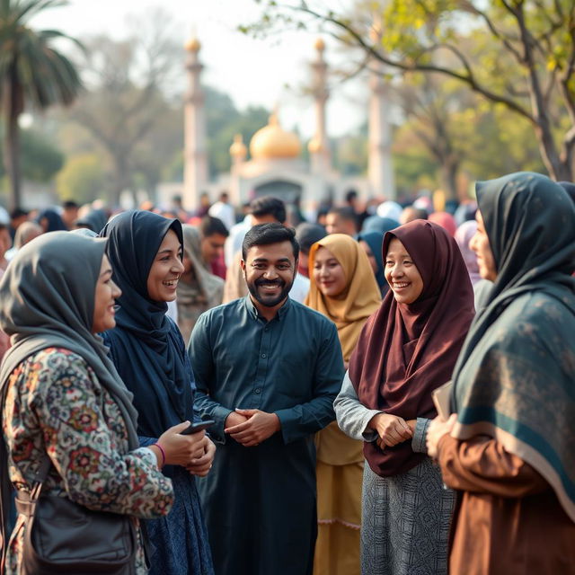 A vibrant outdoor scene in a park or mosque gathering featuring a diverse group of people from various ethnic and cultural backgrounds, smiling and exchanging greetings