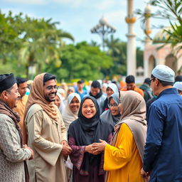 A vibrant outdoor scene in a park or mosque gathering featuring a diverse group of people from various ethnic and cultural backgrounds, smiling and exchanging greetings