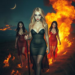 A sexy, sweet, innocent, thin-faced, beautiful 18-year-old girl with long blonde hair, large round soft breasts, a soft round belly, ultra-wide soft fat round hips, large round thighs, and thick round legs, with very bright face makeup including bright frosted pastel blue eye shadow, thick black eyeliner, thick black mascara, and bright pink lipstick, crying tears