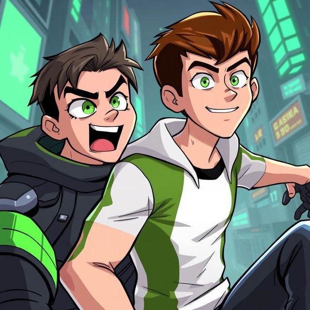 A fictional adult-themed illustration featuring Ben 10 in a stylized manner, emphasizing an expressive and imaginative scene