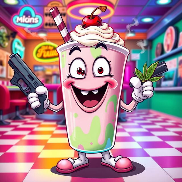 A whimsical cartoonish milkshake character, fully anthropomorphized with a wide mouth, expressive eyes, and playful hands and feet