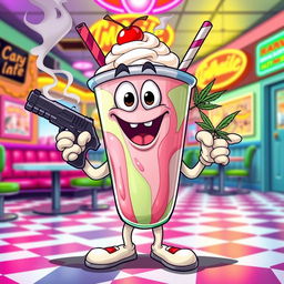 A whimsical cartoonish milkshake character, fully anthropomorphized with a wide mouth, expressive eyes, and playful hands and feet