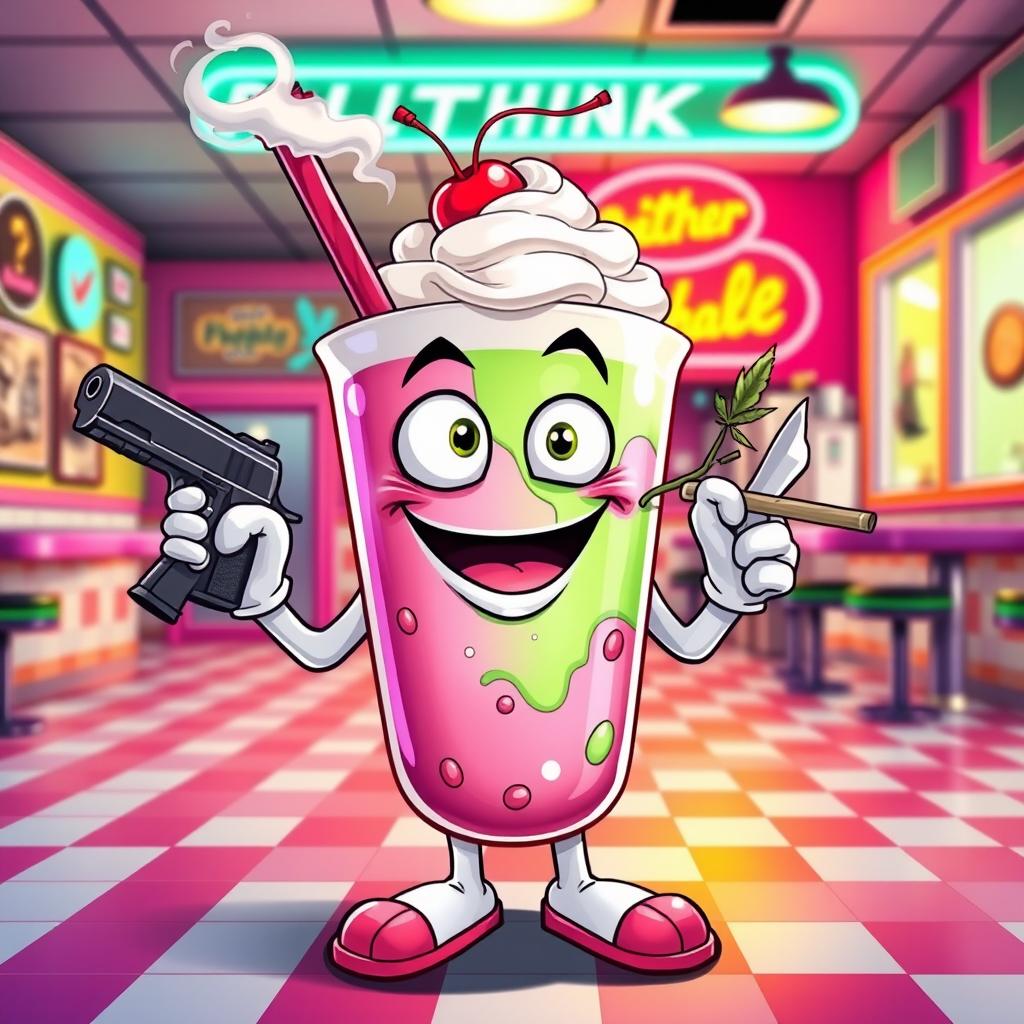 A whimsical cartoonish milkshake character, fully anthropomorphized with a wide mouth, expressive eyes, and playful hands and feet