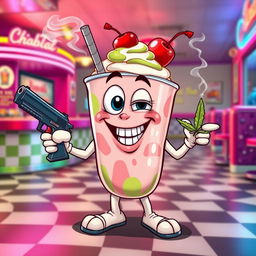 A whimsical cartoonish milkshake character, fully anthropomorphized with a wide mouth, expressive eyes, and playful hands and feet