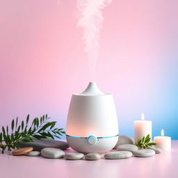 A stunning landscape-oriented commercial photo of an Aroma ultrasonic cold mist maker, showcased in a beautifully designed setting