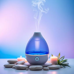 A stunning landscape-oriented commercial photo of an Aroma ultrasonic cold mist maker, showcased in a beautifully designed setting