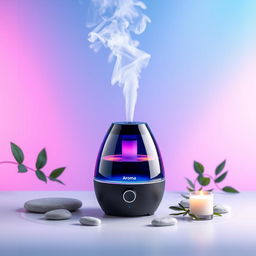 A stunning landscape-oriented commercial photo of an Aroma ultrasonic cold mist maker, showcased in a beautifully designed setting