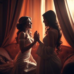 A sensual depiction of two elegant women in a private, intimate setting, surrounded by soft, warm lighting