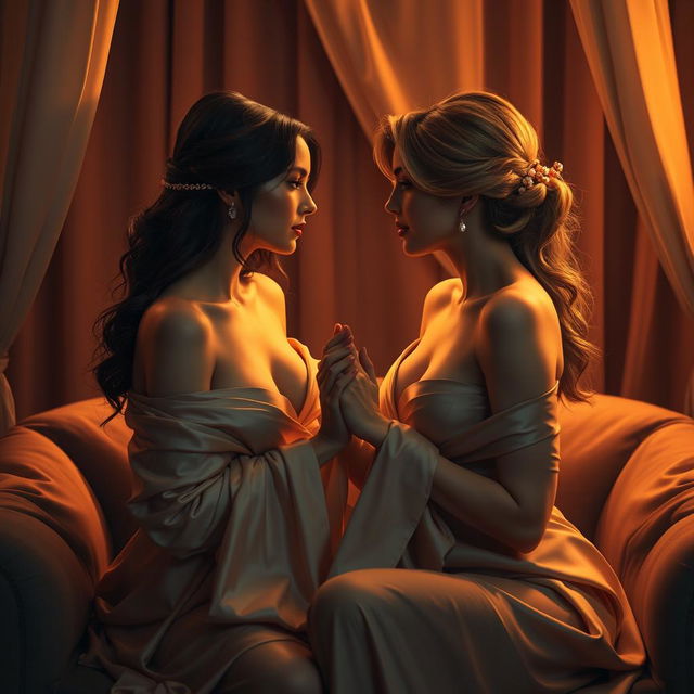 A sensual depiction of two elegant women in a private, intimate setting, surrounded by soft, warm lighting