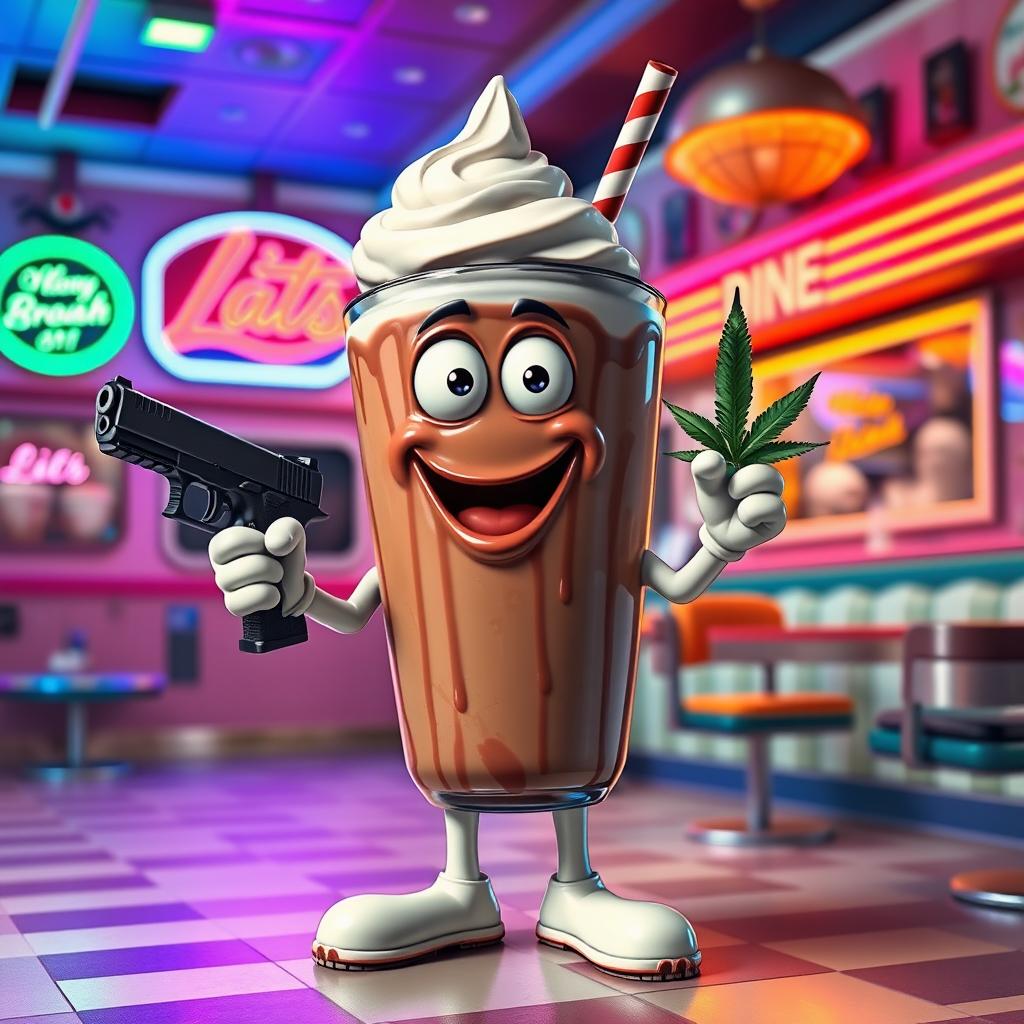 A whimsical chocolate milkshake character that has a mouth, hands, feet, and eyes