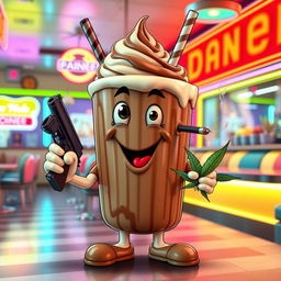 A whimsical chocolate milkshake character that has a mouth, hands, feet, and eyes