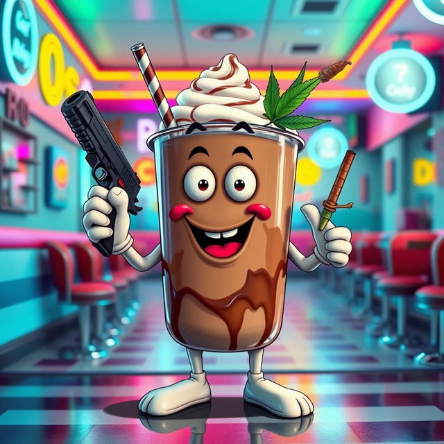 A whimsical chocolate milkshake character that has a mouth, hands, feet, and eyes