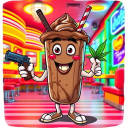 A whimsical chocolate milkshake character that has a mouth, hands, feet, and eyes
